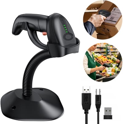 Draadloze QR-codescanner - Flexibele standaard - Snel en nauwkeurig draadloos QR-codes scannen - Plug and Play handheld scanner - Scant papier en schermen - Zwart