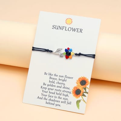 Vriendschapsarmbandje met Gekleurde Bloem Zilverkleurig - Zwarte Bandjes - BFF Armband op Cadeau kaartje - Pax Amare