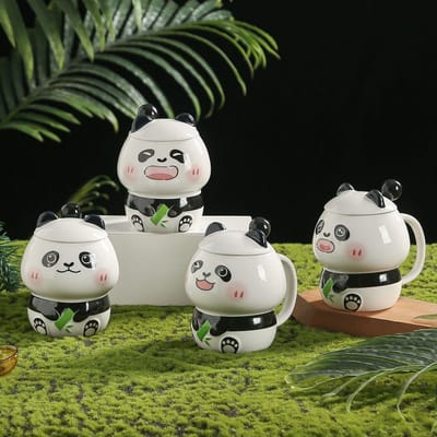 Schattige Cartoon Kleine Panda Styling Keramische Kop Creatieve Mok met Deksel Lepel Evenement Geschenk Souvenir Geschenk Kop 401-500ml white