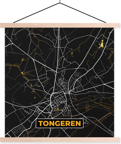 Posterhanger incl. Poster 40x40 cm - Schoolplaat - Stadskaart - Tongeren - Kaart - Gold - Plattegrond - Textielposter - Blanke latten - Stadskaart