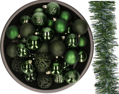 Kerstversiering set - donkergroen - 37x kerstballen 6 cm en kerstslinger - kunststof