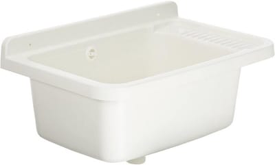 PP hars kom met dispenser, wandmontage, met sifon en afval, bestand tegen zuren van algemeen gebruik, wasserette, garage, buiten, 60L x 40W x 25H, wit, 60Lx40Px28H cm