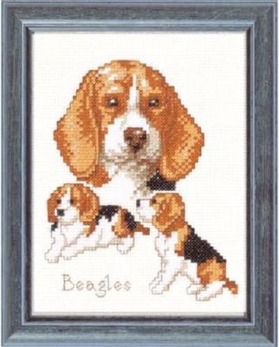 Pako Borduurpakket met telpatroon - Beagle honden -210.841 - voorgesorteerd garen - Aida ivoor - 13 x 17 cm - DIY kit