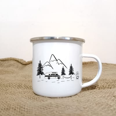 Beker - campingbeker - Oldtimer zwart wit - duurzaam - emaille beker – CamperHomie