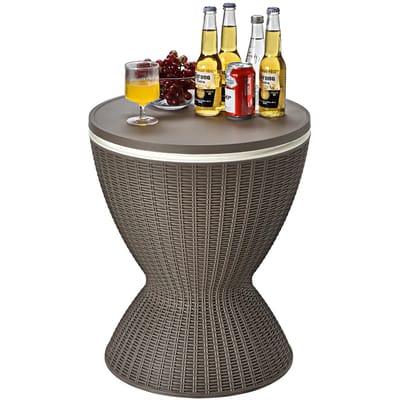 COSTWAY 3-in-1 Cool Bar, in hoogte verstelbare bijzettafel, 30 liter, outdoor bier- en wijnkoeler in rotanlook, drankkoeler met afvoergat, voor terras, party, zwembad, bruin