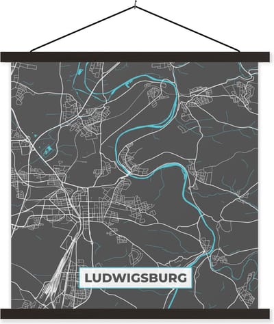 Posterhanger incl. Poster 120x120 cm - Schoolplaat - Stadskaart – Ludwigsburg – Duitsland – Plattegrond – Kaart - Textielposter - Zwarte latten - Stadskaart