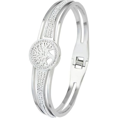 Hollow Tree Bracelet Full CZ Round  Stainless Steel Color-preserving Jewelry,Women Men Gold-color Cubic Zircon No Fade Color 56-58mm white