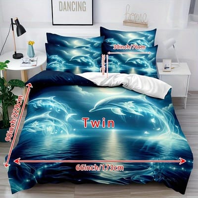 Parure de lit 3 pièces avec housse de couette et taie d'oreiller, motif dauphins, super mignon, confortable et respirant. Au-Double180x210cm blue