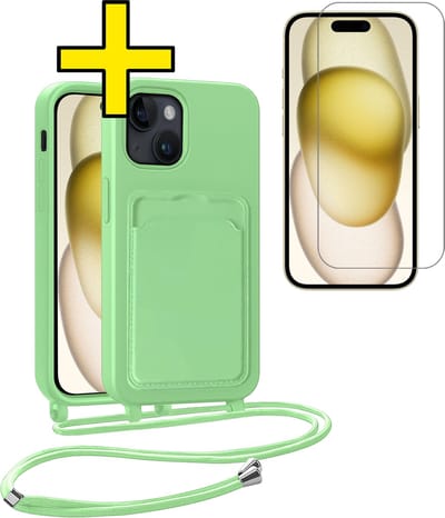 Hoesje Geschikt voor iPhone 14 Pro Max Telefoonhoesje Met Koord Case Pashouder Met Screenprotector Siliconen - Hoes Geschikt voor iPhone 14 Pro Max Hoesje Met Kaarthouder - Groen