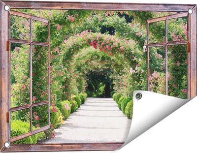Gards Tuinposter Doorkijk Rozenbogen Tunnel - 60x40 cm - Tuindoek - Tuindecoratie - Wanddecoratie buiten - Tuinschilderij