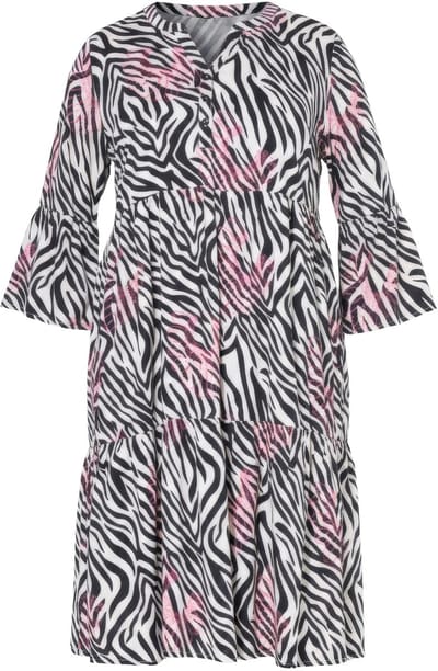 Angel of Style - Dames - Jurk zebramotief met neonprint 3/4-mouw volants - Sneeuwwit - Maat 42