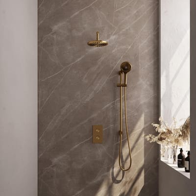 Brauer Gold Edition Thermostatische Regendoucheset Inbouw - Hoofddouche 20 cm - Gebogen Wandarm - 3 Weg - Handdouche 3 Standen - Doucheslang - Geintegreerde Glijstang - Geborsteld Goud