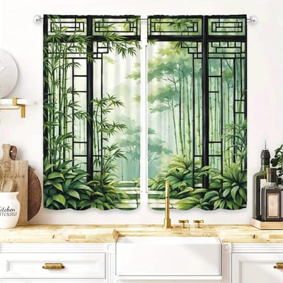 Bambou vert 3D - Rideaux imprimés, tringle Sacs à rideaux de haute qualité, décoration de maison, décoration de pièce Matériau durable 14Wx59L(35x150CM)x2