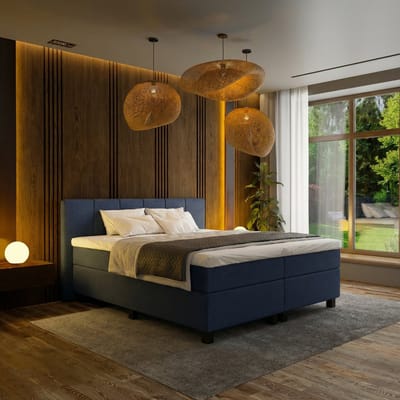 Mörgenn Boxspring Madrid - Pocketvering - 6-Baans Hoofdbord - Donkerblauw - 90x200 cm - Inclusief Dekbed en Kussens