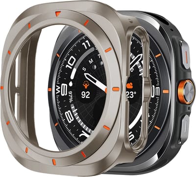 Bandz hard case hoesje met bezel - geschikt voor Samsung Galaxy Watch Ultra / Ultra 2025 - beschermhoes met wijzerplaat - Stevig plastic materiaal (titanium kleur/oranje)