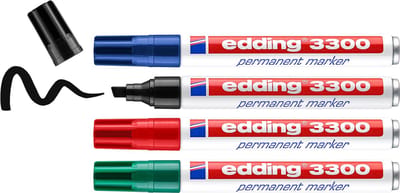 edding 3300 permanent marker - zwart, rood, blauw, groen - 4 stiften - beitelpunt 1-5 mm - water en wrijfvast - voor karton, kunststof, hout, metaal, etc. - alcohol markers voor volwassenen