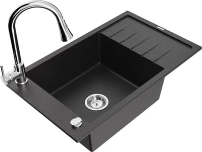 Mexen Elias granieten gootsteen 1-kompartment met afdruiprek en keukenkraan Elia, zwart/zilver metallic - 6511-73-670101-00