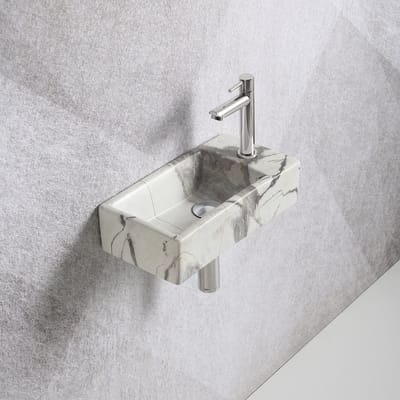 Fonteinset Mia 40.5x20x10.5cm marmerlook wit geaderd grijs rechts inclusief fontein kraan, sifon en afvoerplug chroom