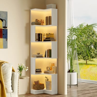 MODENUIT Hoekboekenkast - L-Vorm Met LED En 5 Niveaus - Voor Woonkamer En Kantoor - MDF - 63,5x45x175 Cm - Wit