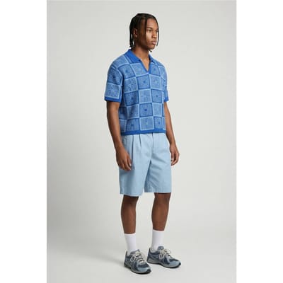 Oversized Boxy Crochet Tapestry Knitted Polo T-Shirt | Blue | Size XS