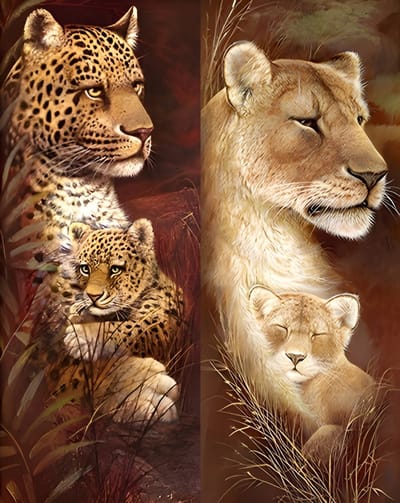 Diamond painting 2 luik - Leeuw en luipaard - 2x 30x70cm - ronde steentjes - volledig beplakt - Diamond painting by Wietske