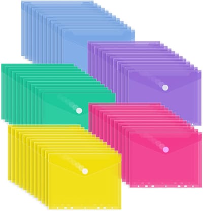 60 stuks, 5 kleuren, waterdichte mappen met 7 gaten, klittenbandsluiting, doorzichtige kunststof verzamelmappen voor documenten organisatie