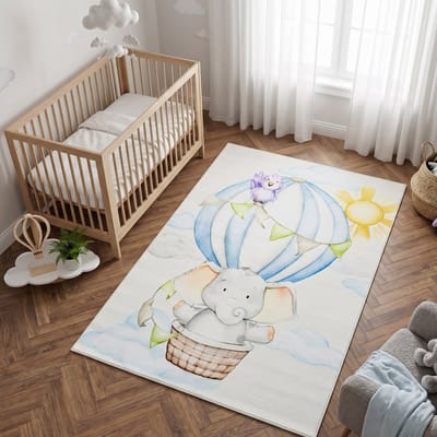 Tapiso Kids Kindervloerkleed Olifant Luchtballon – Zacht Babykamertapijt Crème Blauw Aquarel – Antislip Wasbaar 80x150