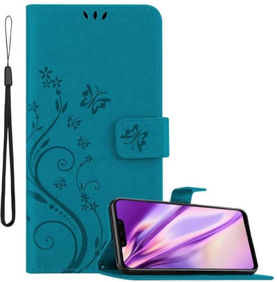 Cadorabo Hoesje geschikt voor Huawei MATE 20 LITE in BLOEMEN BLAUW - Beschermhoes in bloemmotief met magnetische sluiting, standfunctie en kaartsleuven Book Case Cover Etui