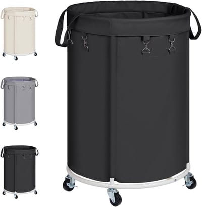 Grote wasmanden met wielen, metalen frame, waterdichte waszak, ideaal voor slaapkamer, badkamer en wasruimte, 150 liter, zwart