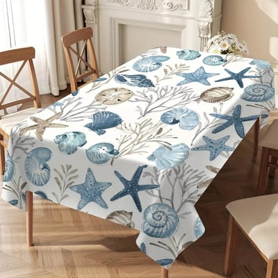 Nautisch Tafelkleed met Zee-thema voor Tafeldecoratie Zomer Zeester Schelp Koraalrif Print Keukentafelkleed Feestdecoratie 90x140cm white