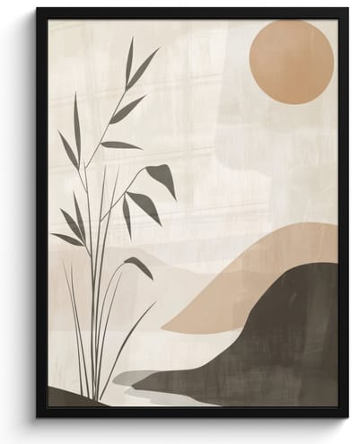Poster in lijst - Fotolijst 60x80 cm - Posters - Japandi - Landschap - Beige - Posterlijst zwart - Decoratie - Wanddecoratie woonkamer - Muurdecoratie slaapkamer