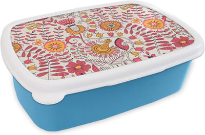 Broodtrommel Blauw - Lunchbox Bloemen - Design - Roze - Oranje - Brooddoos 18x12x6 cm - Brood lunch box - Broodtrommels voor kinderen en volwassenen