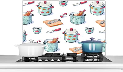 Spatscherm keuken 80x55 cm - Kookplaat achterwand Patronen - Koken - Eten - Vis - Pan - Muurbeschermer - Spatwand fornuis - Hoogwaardig aluminium