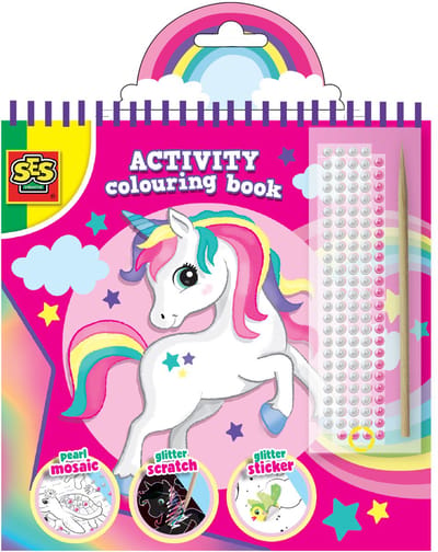 SES Creative - Doe kleurboek glitter 3 in 1 - glitter scratch, diamond painting en kleurplaten - met glitters stickers en houten scratch pen – kleurboek voor kinderen