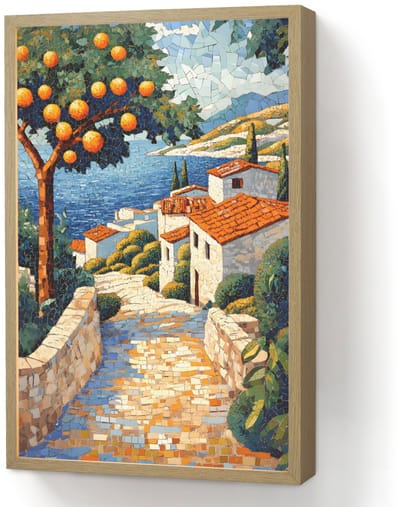 Wandlamp 40x60 cm - Oplaadbaar - Huizen - Mozaïek - Sinaasappelbomen - Zee - Wandlampen binnen woonkamer - Slaapkamer lamp - Decoratieve nachtlamp - Vloerlamp draadloos