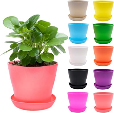 Bloempotten - 10 stuks - Kleurrijke kleine bloempotten met onderzetters - 10 cm - 10 kleuren - Decoratieve mini bloempotten - Plastic bloempotten - Geschikt voor binnen- en buitengebruik