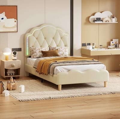 DESMIU Gestoffeerd Bed 90x200cm - Eenpersoonsbed Met Meerkleurige Ledverlichting - Golvend Hoofdbord Met Trekpunt - Voor Kinderkamer - Pu - Beige - Zonder Matras
