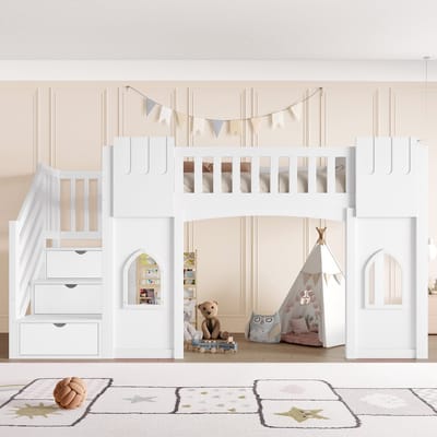 Hoogslaper 90 x 200 cm – met opbergtrap – massief grenenhout – voor kinderkamer en tienerkamer – praktisch ruimtebesparend ontwerp