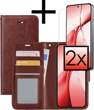 Hoesje - Met 2x Screenprotector - Geschikt voor OnePlus Nord CE4 - Luxe Pasjeshouder - Bookcase Portemonee - Flip Case - Kunstleer Book Case - Flipcase Hoes - Book Cover - Walletcase - Portemonneehoes - Bruin