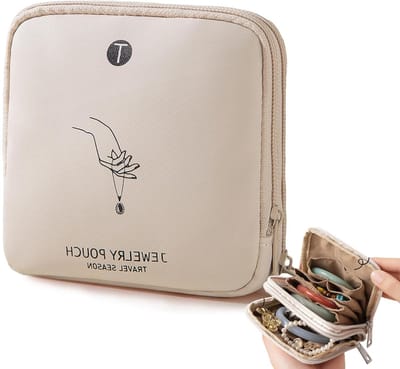 Dubbellaagse sieradenorganizer voor op reis, waterdicht met rits en aparte compartimenten voor kettingen, oorbellen en ringen, ideaal voor vrouwen tijdens vakanties, beige