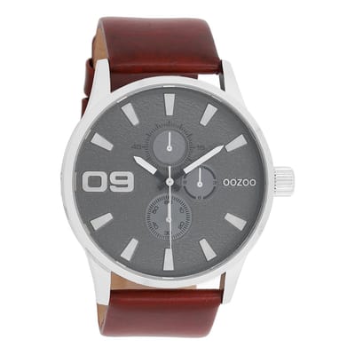 OOZOO Timepieces - Zilverkleurige horloge met donker bruine leren band - C10348
