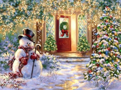 Diamond painting sneeuwman deur kerstboom lampjes 30x40cm vierkante steentjes
