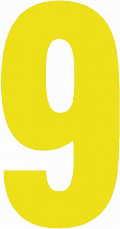 Cijfersticker nr. 9 GEEL10x5cm, plakcijfer, huisnummersticker, containersticker, magazijn sticker, showroom, tuincentra