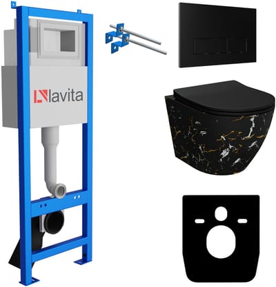 LAVITA® Inbouwreservoir Complete Toiletset LAV 101 - Inbouw WC Hangtoilet Wandcloset SOFI SLIM FIRE - Bedieningsplaat 200.3.4 Zwart - Voorwandelement voor toilet 40cm - Installatiesysteem