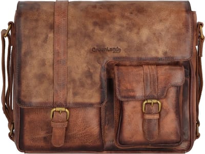 GreenLand Nature Leren Business tas Laptoptas met laptopvak MASCU & LINE Messenger Bag Brown Bruine