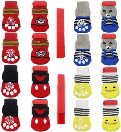 4 Paar Antislip Hondensokken en KattenSokken met Rubber Versteviging en 8 Kleine Straps voor Bescherming van Huisdierenpootjes op Harde Vloeren, Binnengebruik, Maat S