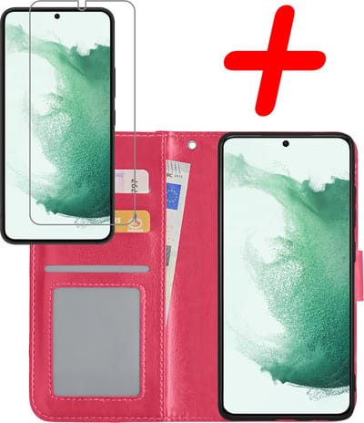 Hoesje Met Screenprotector - Geschikt voor Samsung Galaxy S22 Plus - Luxe Pasjeshouder - Bookcase Portemonee - Flip Case - Kunstleer Book Case - Flipcase - Book Cover - Walletcase - Portemonneehoes - Donkerroze