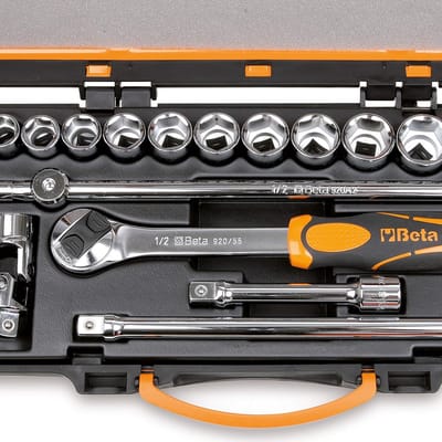 Dopsleutelset met 20 dopsleutels en 5 bedieningsgereedschappen - Robuust en duurzaam gereedschap voor professioneel gebruik - zwart/oranje