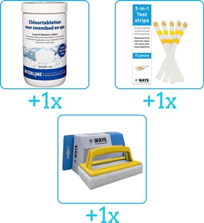 Zwembad Onderhoudspakket - Onderhoud Zwembad - bevat Chloor - Testrips en Scrubborstel (3-delig)