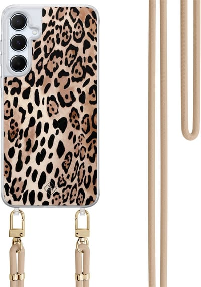 Casimoda® hoesje met koord - Geschikt voor Samsung A35 - Luipaard print bruin - Afneembaar koord - TPU/polycarbonaat - Bruin/beige